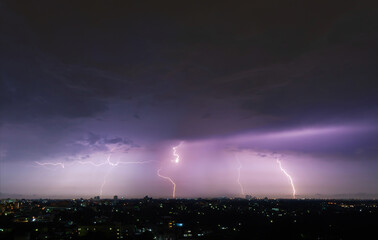 Realistic lightning in city at night background. Electricity. Natural light effect, bright glowing....