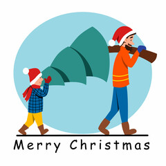 people carry a Christmas tree together. Father and son are preparing to celebrate the New Year. vector illustration in cartoon style