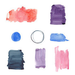 Abstract drawing of watercolor blue, violet, red  and grey stain on white background. Watercolor texture. Background. Isolated