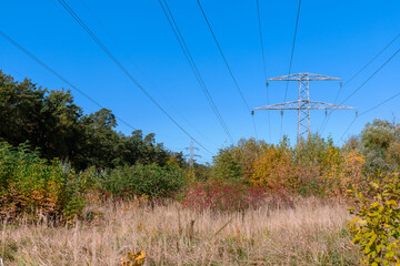 High-voltage tower in the forest. High voltage power line over the forest