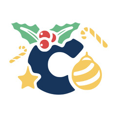 The letter c is decorated with mistletoe and Christmas elements. New Year lettering clip art.