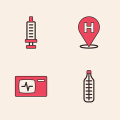 Set Medical thermometer, Syringe, Location hospital and Monitor with cardiogram icon. Vector