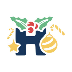 The letter h is decorated with mistletoe and Christmas elements. New Year lettering clip art.