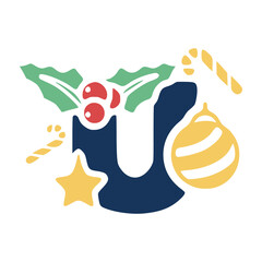 The letter u is decorated with mistletoe and Christmas elements. New Year lettering clip art.