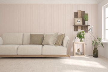 Soft color living room with sofa. Scandinavian interior design. 3D illustration