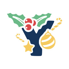 The letter y is decorated with mistletoe and Christmas elements. New Year lettering clip art.