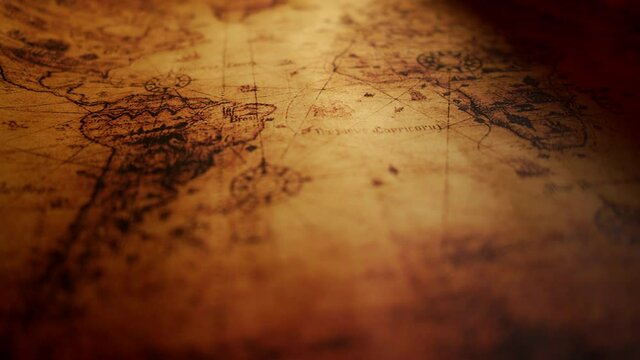 Close up of a old vintage map with countries and continents. Retro style. Concept of geography or global history and cartography.