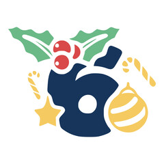 Number 6 is decorated with mistletoe and Christmas elements. New Year vector clip art.