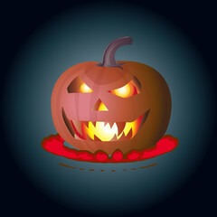 Scary Halloween pumpkin smile with fire burning inside on a ring of little flames on a dark blue background. Halloween pumpkin with eyes glowing scary inside. 
