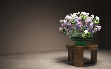 Still life lilac flowers in a vase on the table. 3D illustration, cg render