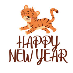 Happy New Year banner with cute smiling running tiger. Chinese new year greeting card.