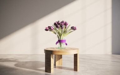 Still life lilac flowers in a vase on the table. 3D illustration, cg render