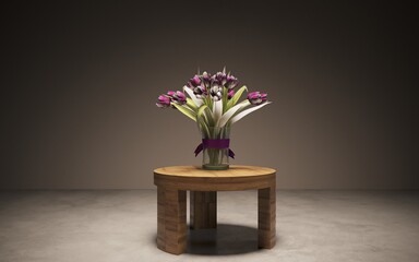 Still life lilac flowers in a vase on the table. 3D illustration, cg render