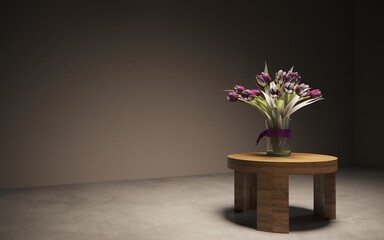 Still life lilac flowers in a vase on the table. 3D illustration, cg render