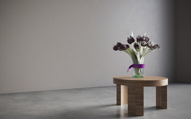 Still life lilac flowers in a vase on the table. 3D illustration, cg render