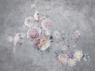 Fototapety  Beautiful flowers and birds on concrete wall for loft, modern and classical interior. Parrots on grey background. Illustration for wallpaper, photo wallpaper, mural.