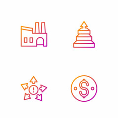 Set line Dollar symbol, Many ways directional arrow, Factory and Pyramid chart infographics. Gradient color icons. Vector
