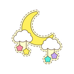 Moon, clouds and stars doodle sticker. Hand drawn flat vector illustration of night time in cute cartoon style. Best for seamless patterns, posters, greeting cards, sticker packs and web design.