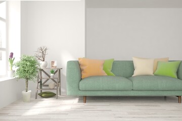 White living room with sofa. Scandinavian interior design. 3D illustration