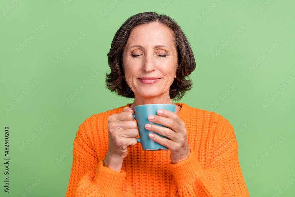 Poster photo of attractive senior woman enjoy morning cappuccino dreamy relax isolated over green color bac