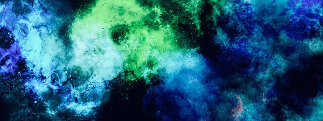 Fototapeta na wymiar Fluid abstract green and blue background, concept of galaxy space, universe with black spots, nebula idea, modern watercolour hand drawn art, wallpaper for print