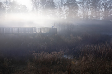 Wooden boardwalk path in thick early morning fog overlooking marsh wetland at Dixon Meadow Preserve, Pennsylvania, USA