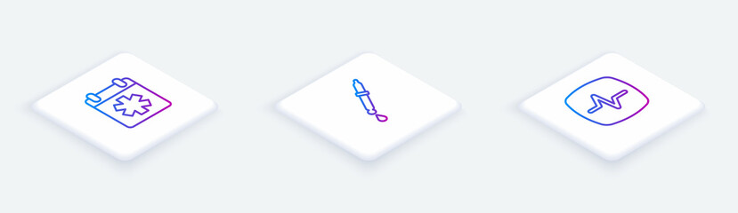 Set Isometric line Doctor appointment, Pipette and Heart rate. White square button. Vector