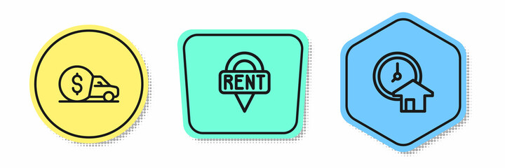 Set line Car rental, Location key and Time is money. Colored shapes. Vector