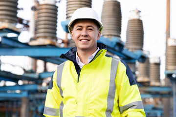 Industrial people. Sustainable energy. Portrait of asian ecology worker in hard hat standing at...