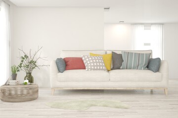White living room with sofa. Scandinavian interior design. 3D illustration