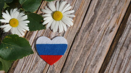 Obraz premium heart - flag of russia, chamomile flowers, birch twig on a wooden background