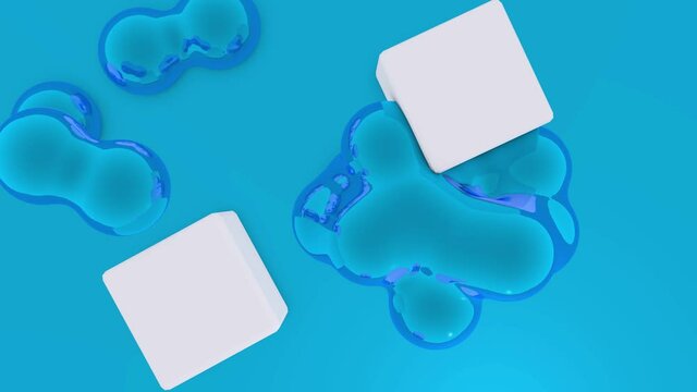3d animation, two cubes with metaspheres with magnetic field on blue background