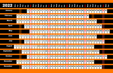 Fototapeta premium Black linear calendar 2022 with days and months color coding.