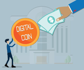 Flat design of  business finance,Big hand exchanging paper money for young man's digital coin - vector