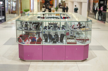 Jewelry in the window of a jewelry store. Wealth and luxury life concept