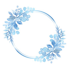 Watercolor blue light leaf wreath with circle
