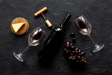 Set of wine bottle with glasses corkscrew and grape