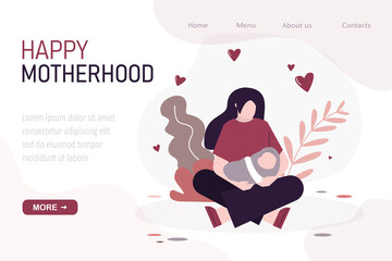 Beautiful woman sitting with newborn baby. Happy childbirth and motherhood. Cartoon mother sit in flowers. Template, landing page for website