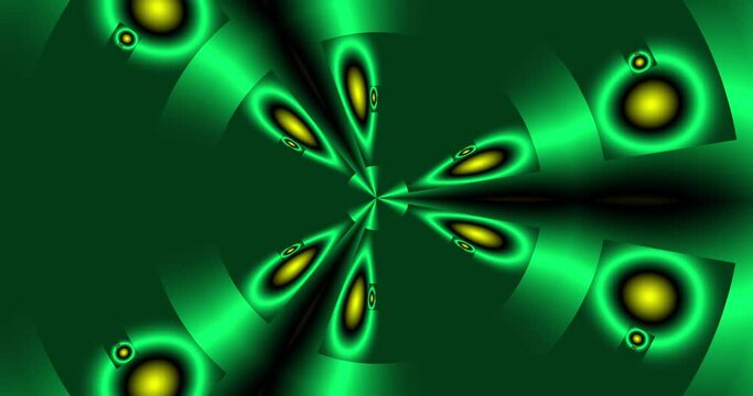Fractal from elements of green, yellow and black colors. They appear from the center of the frame, rotate, enlarge and gather into one whole. Abstract motion graphics. Fractal animation. Beautiful bri