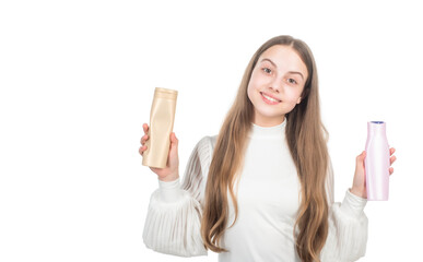 happy child presenting shampoo or hair body conditioner bottle isolated on white, advertisement