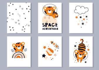Tiger on a space rocket. A set of posters for the children's room. Lettering on the theme of cosmos .