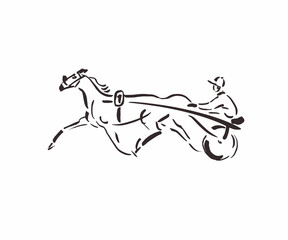 Harness racing icon design, trotter horse outline drawing, cart with horse and jockey