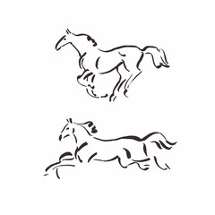 Obraz na płótnie Canvas Outline drawings of wild horses, galloping stallion, equestrian logo design, horse illustration