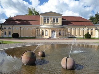 Water features in front of the Oragnerie in the castle park of Neustrelitz, Mecklenburg-Western Pomerania, Germany