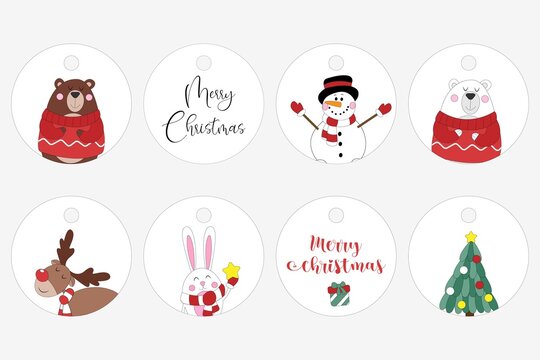 Vector illustration. Set of merry christmas stickers. Christmas stickers collection on grey background. Cute colorful ellements, animals, Christmas tree, snowman, deer. Set of christmas labels