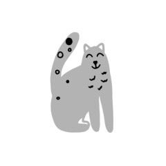 Cute grey cat character in doodle style, isolated on a white background. Vector illustration.