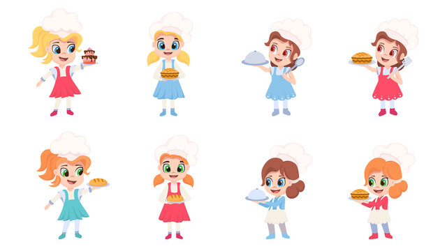 Characters set of children cooks. Girl chef in white hat. Vector illustration
