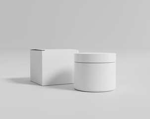 A round white plastic cream bottle with a box