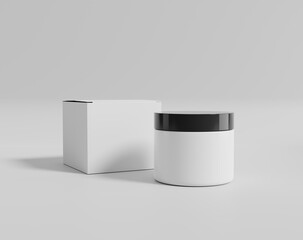 A round white plastic cream bottle with a box