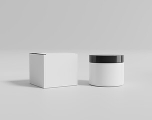 A round white plastic cream bottle with a box